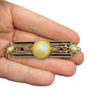 Vintage Bar Brooch Pin Art Deco Style Black Gold Tone Faux Pearls Retro Jewelry